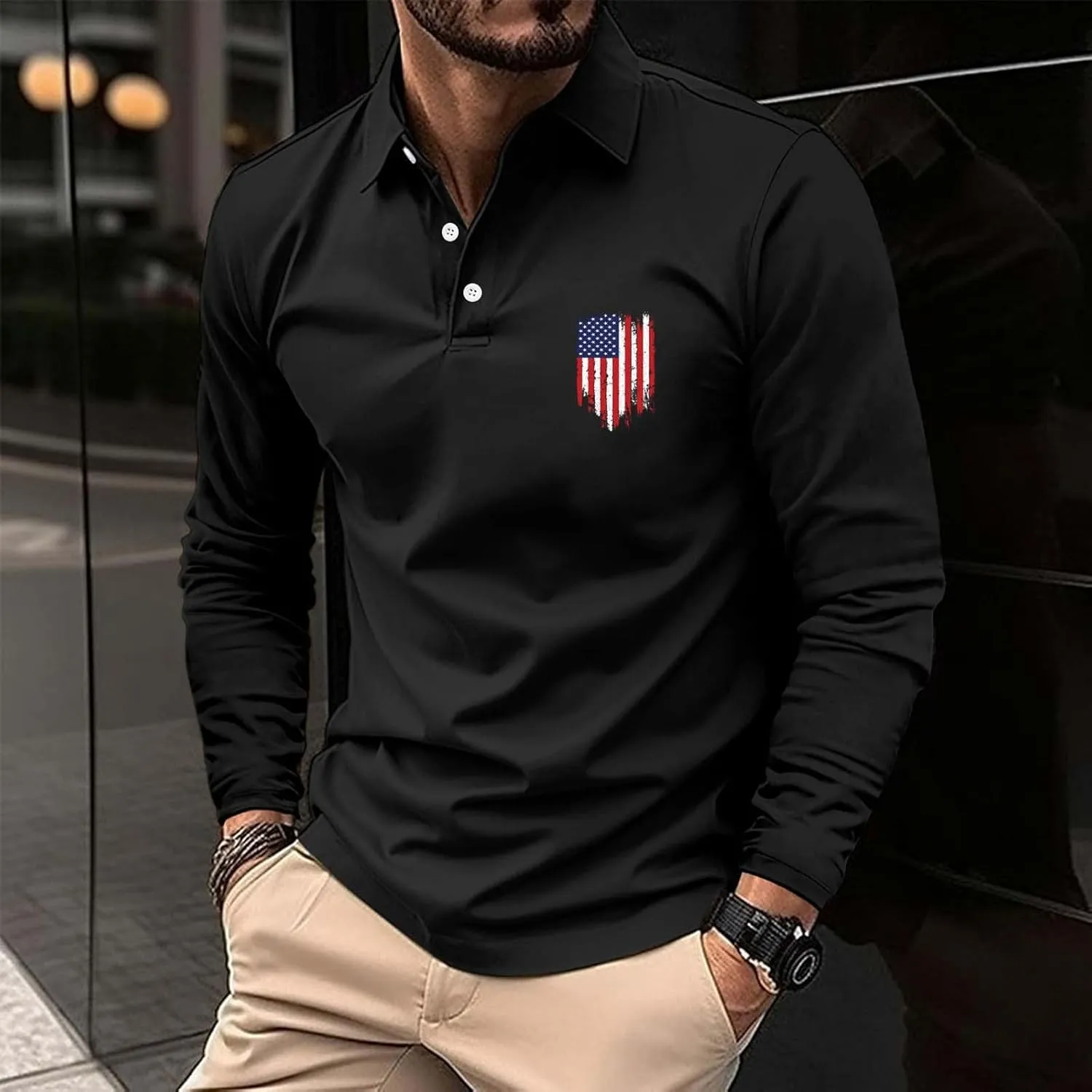 Long Sleeve Polo Shirts for Men Fashion America Flag Graphic Golf T Shirts Oversized Classic Work Office Pullover Top