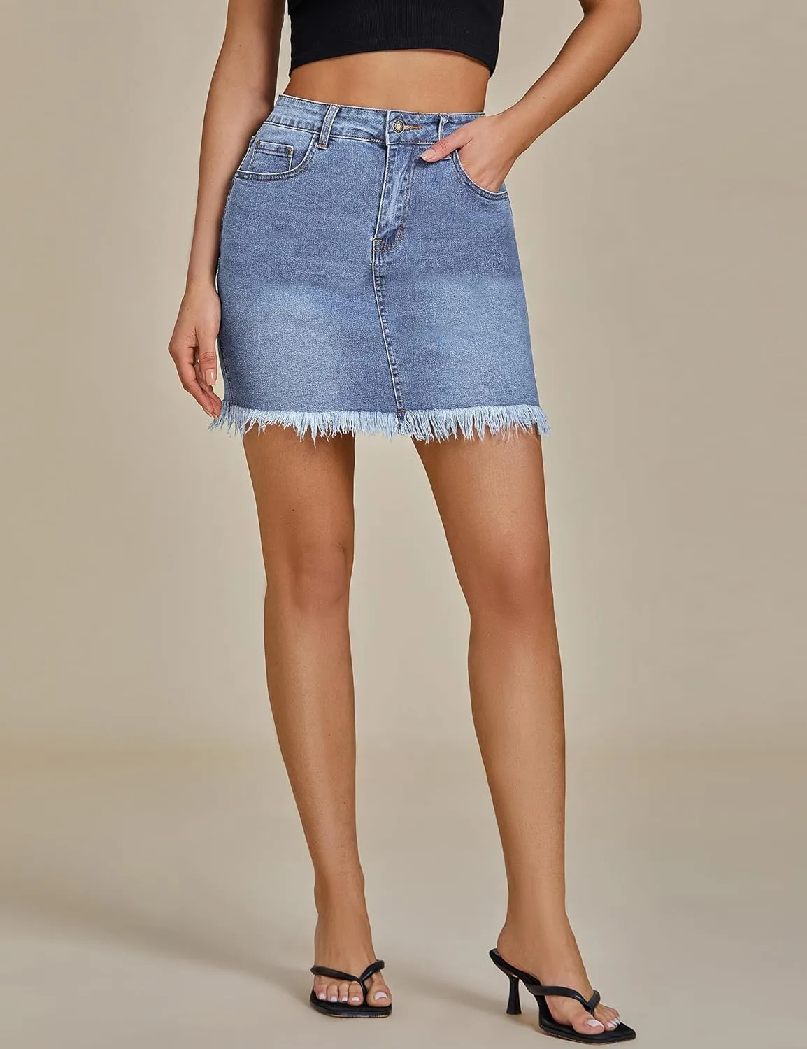 luvamia Women's Casual Mid Waisted Washed Frayed Pockets Denim Jean Short Skirt