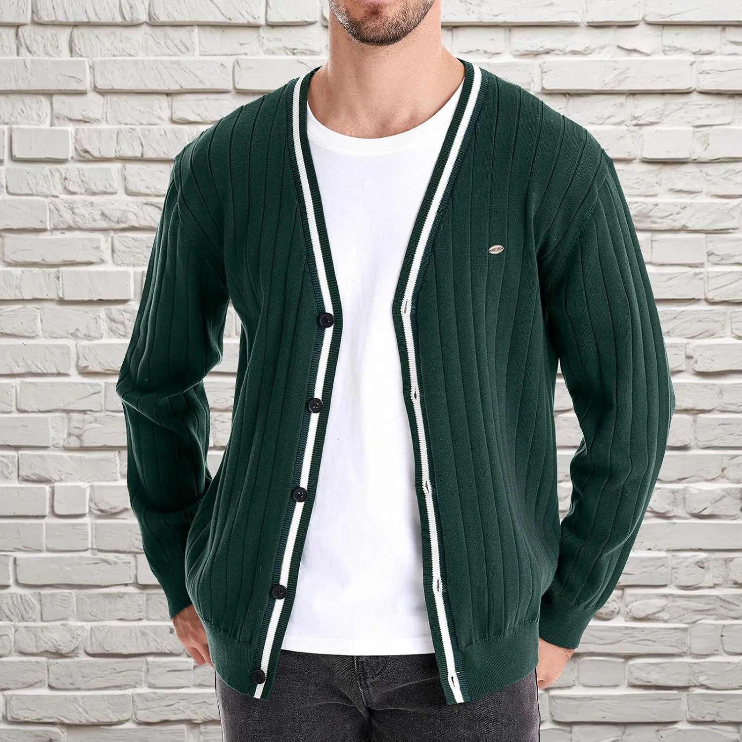 Men Ribbed Button Down Sweaters Casual Long Sleeve V Neck Knitted Cardigan Lightweight Sweater Coats Preppy Clothes