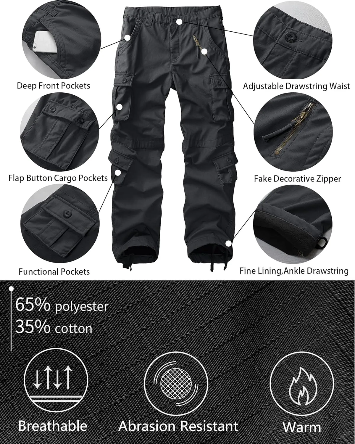 Men's Fleece Lined Camo Hiking Tactical Ripstop Pants Winter Outdoor Work Cargo Pants with 8Pockets No Belt