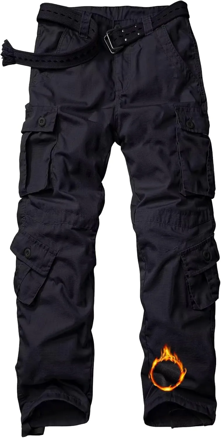 Men's Fleece Lined Camo Hiking Tactical Ripstop Pants Winter Outdoor Work Cargo Pants with 8Pockets No Belt