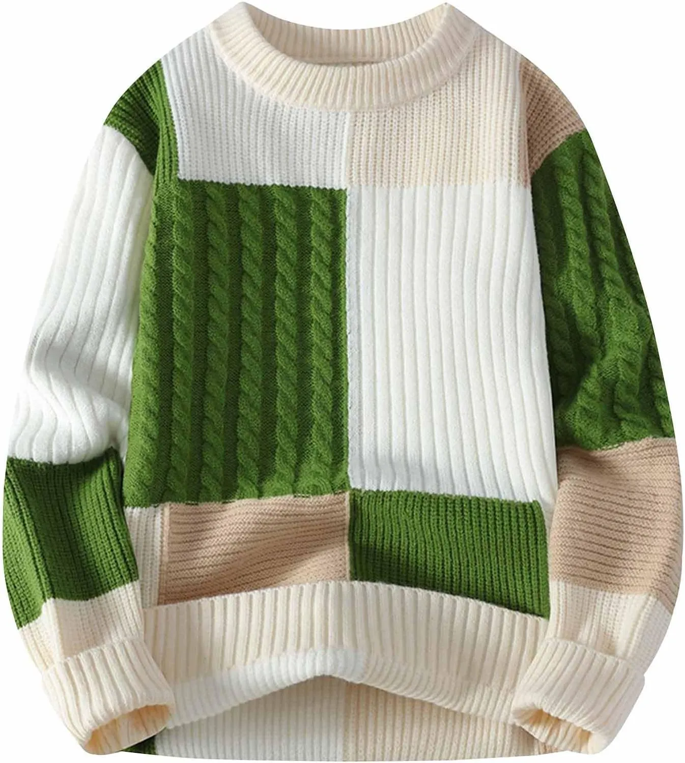 Men's Oversized Color Blocked Knitted Sweater Long Sleeve Crewneck Pullover Casual Jumper Fall Winter Fashion Loose Warm Top