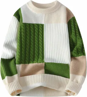 Men's Oversized Color Blocked Knitted Sweater Long Sleeve Crewneck Pullover Casual Jumper Fall Winter Fashion Loose Warm Top