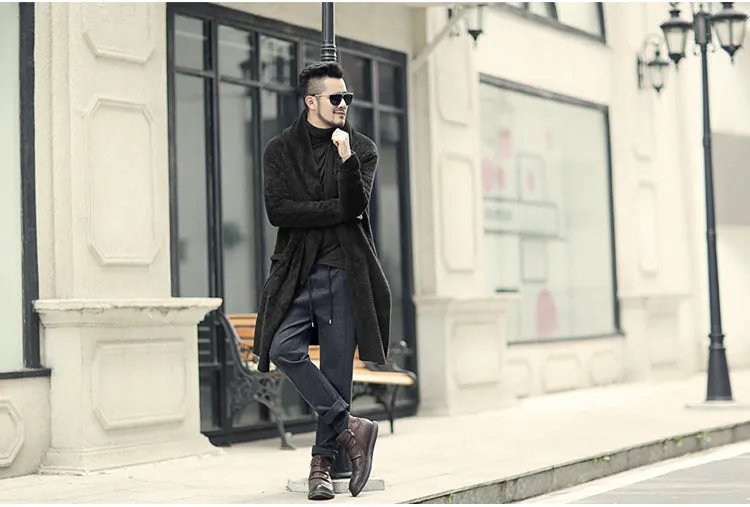 Men's Winter Warm Plush Cashmere Long Loose Hooded Coat