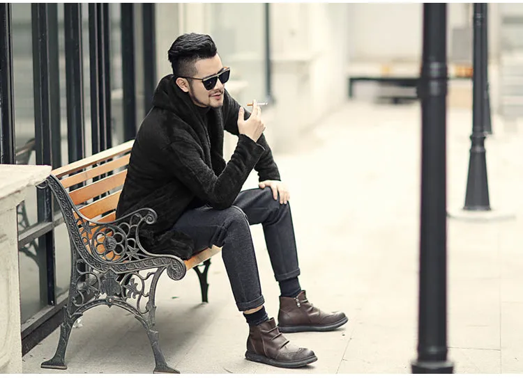 Men's Winter Warm Plush Cashmere Long Loose Hooded Coat