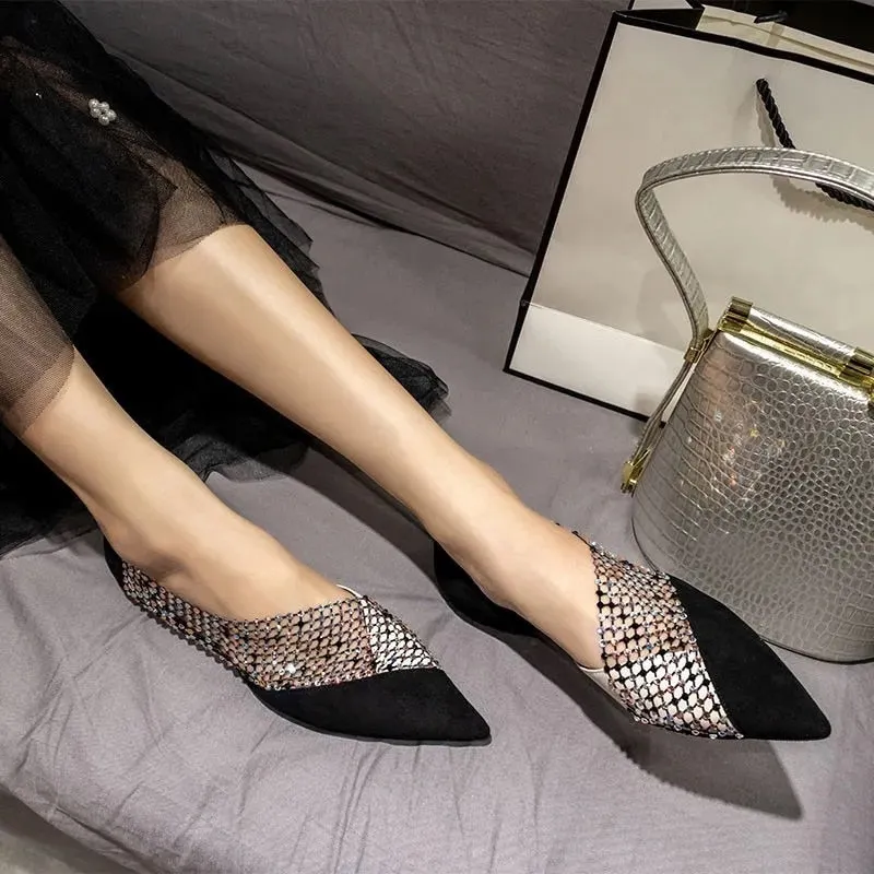 New Sexy Side Hollow Flat Shoes Female Pointed Toe Baotou Rhinestone Hollow Single Shoes Loafers Women Ladies Flat Shoes