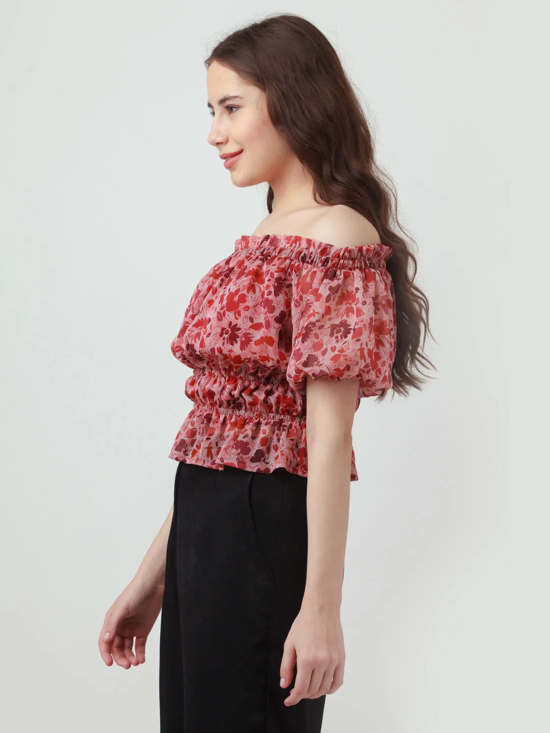 Pink Printed Off Shoulder Top