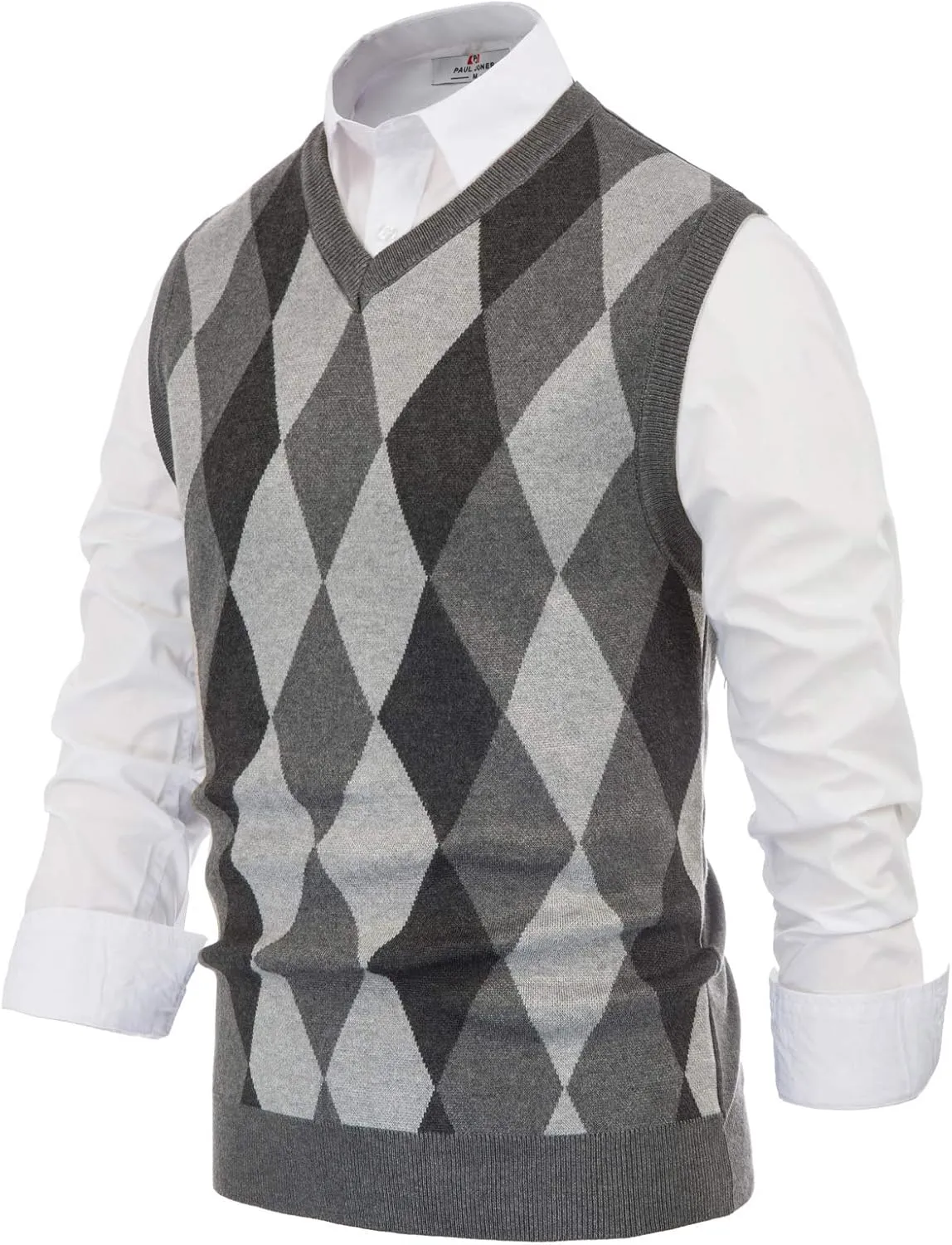 PJ PAUL JONES Mens Casual Argyle Sweater Vest V-Neck Sleeveless Pullover Knitwear Vests