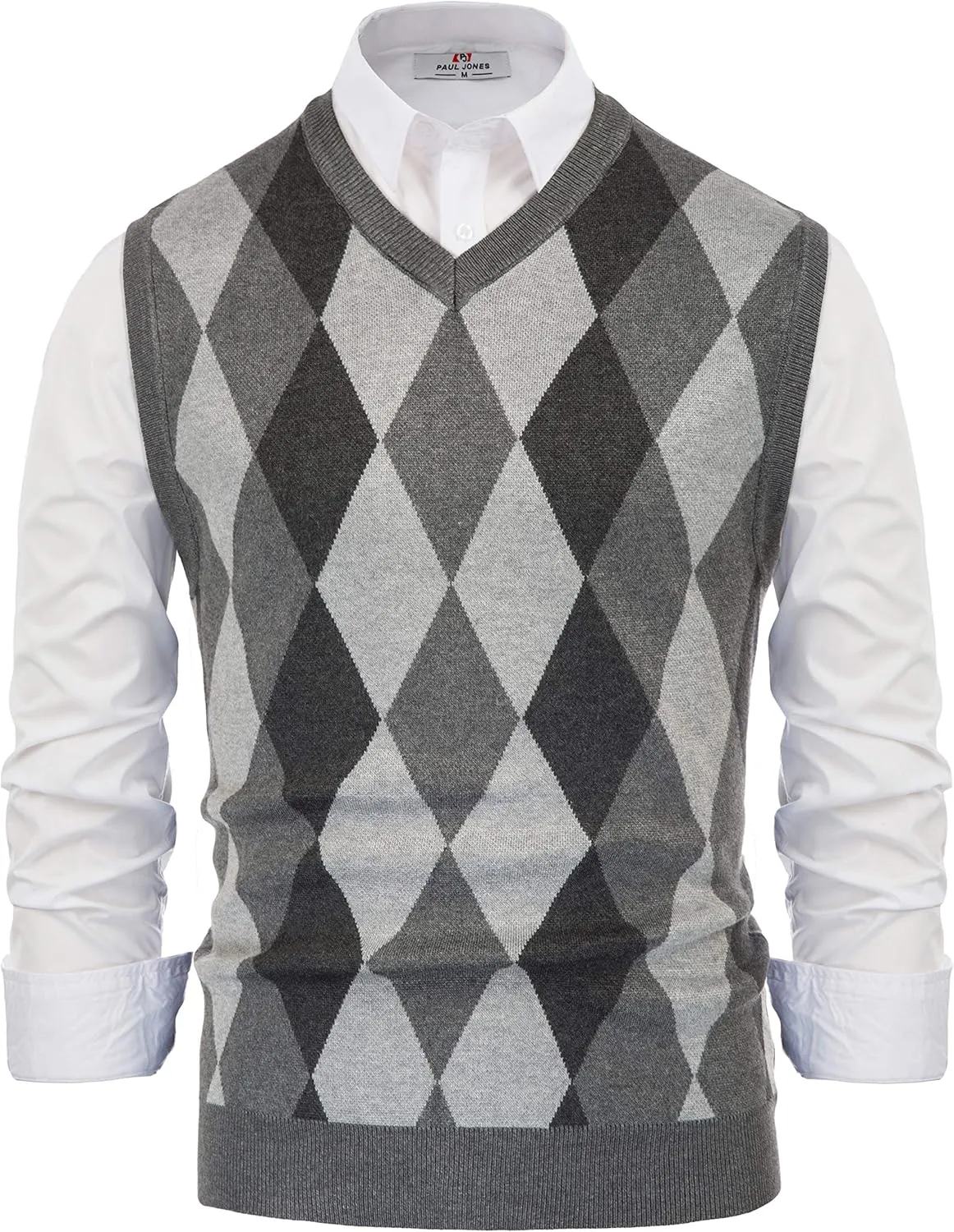PJ PAUL JONES Mens Casual Argyle Sweater Vest V-Neck Sleeveless Pullover Knitwear Vests