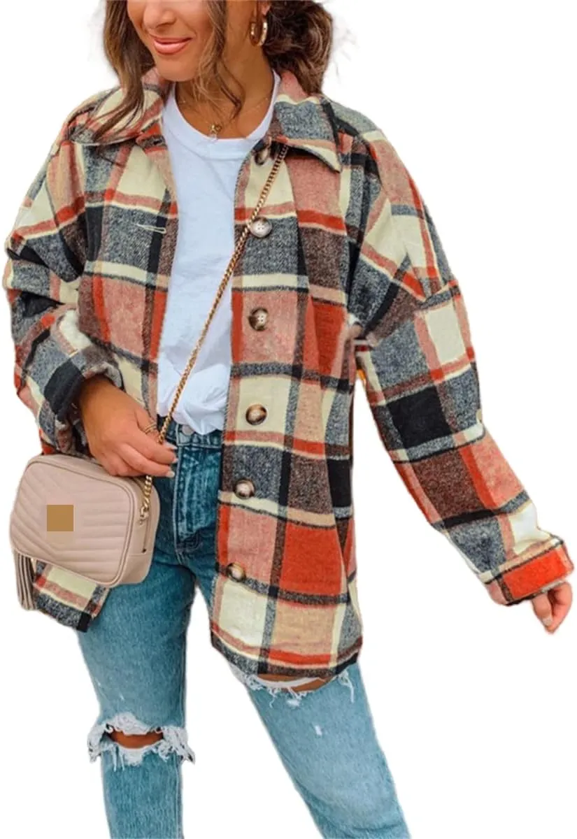Plaid Flannel Shacket for Women Casual Long Sleeve Button Down Jacket Corduroy Shirt Coat Fashion Loose Blouse Tops