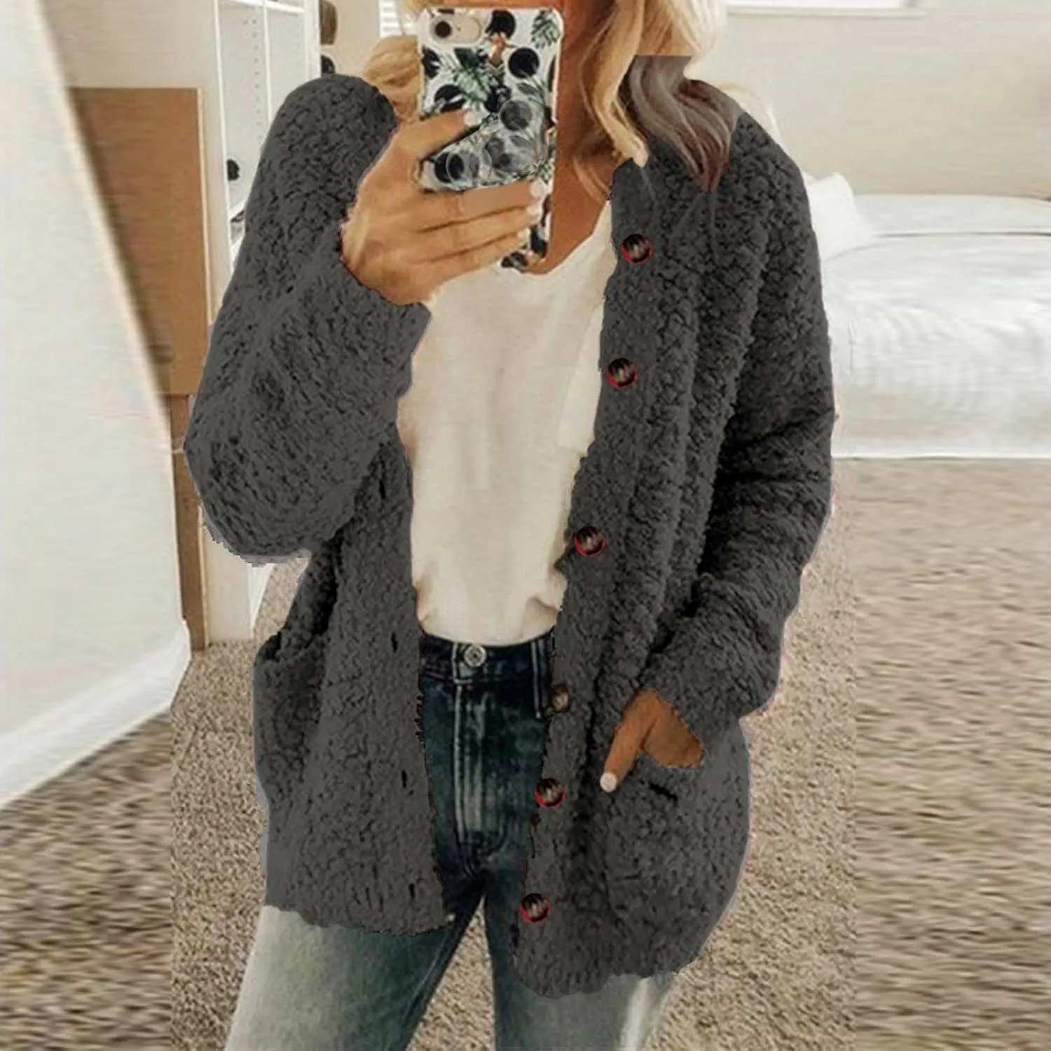 Plus Size Womens Open Front Cardigan Sweater Round Neck Button Down Warm Jacket Casual Soft Cozy Coat with Pocket