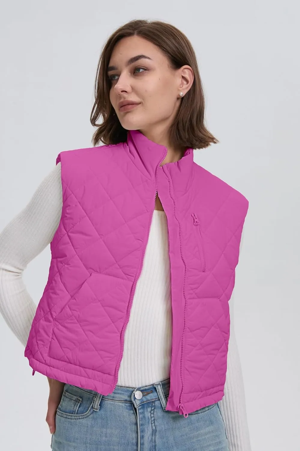 Quilted Vest Women Winter Crop Puffer Vest Lightweight Sleeveless Warm Padded Jacket with Pockets