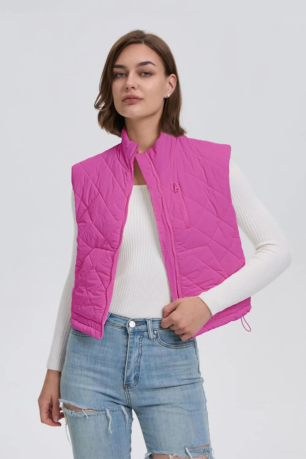 Quilted Vest Women Winter Crop Puffer Vest Lightweight Sleeveless Warm Padded Jacket with Pockets