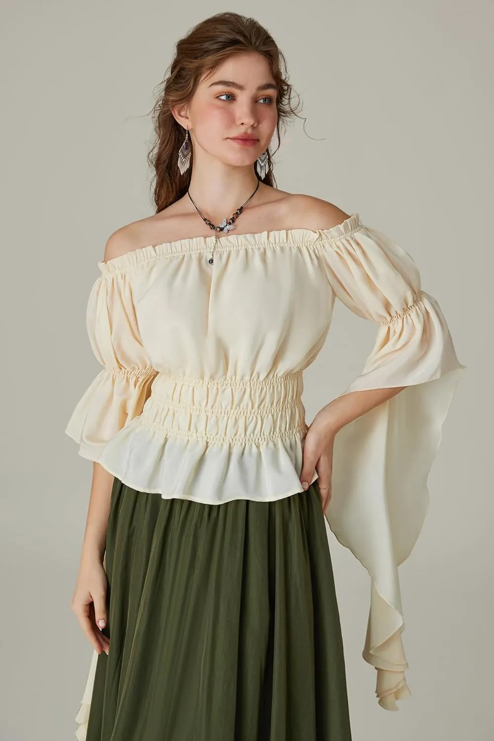 Scarlet Darkness Women's Renaissance Shirt Ruffle Sleeve Off The Shoulder Peplum Blouse Peasant Dressy Top