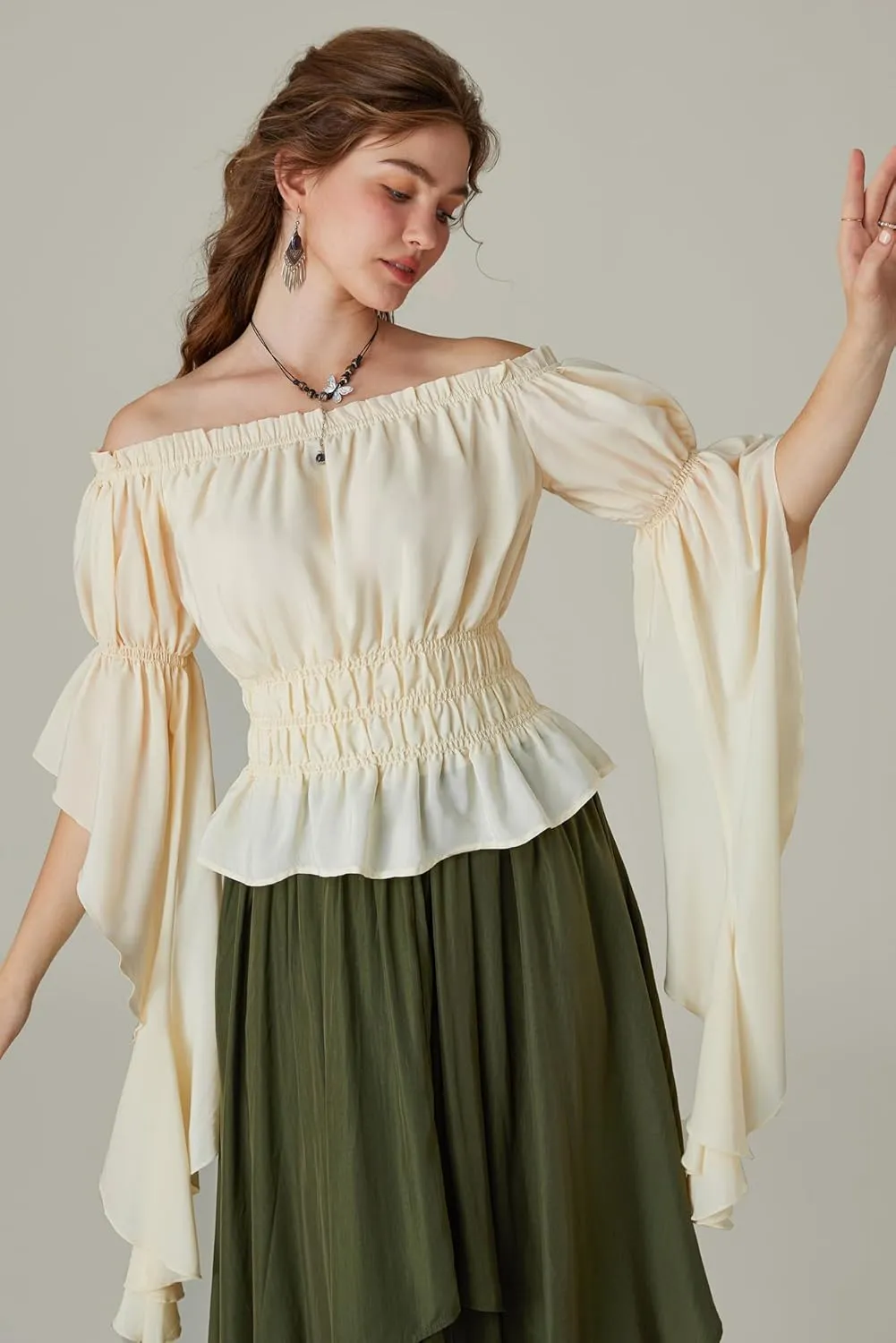 Scarlet Darkness Women's Renaissance Shirt Ruffle Sleeve Off The Shoulder Peplum Blouse Peasant Dressy Top