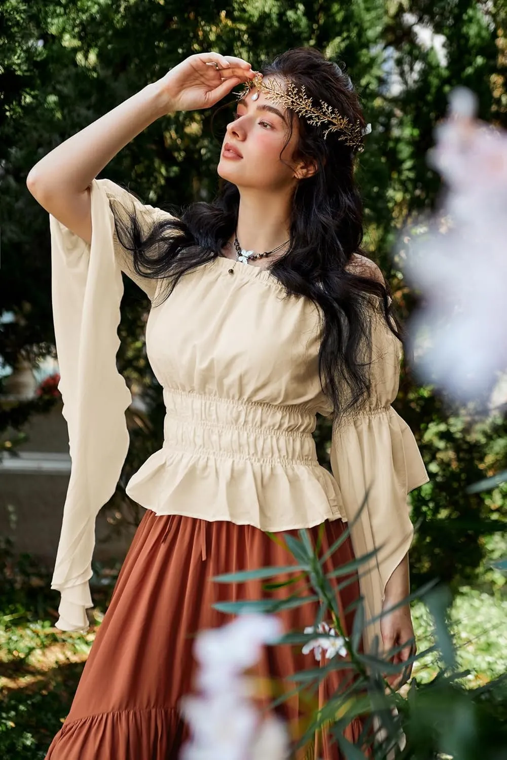 Scarlet Darkness Women's Renaissance Shirt Ruffle Sleeve Off The Shoulder Peplum Blouse Peasant Dressy Top