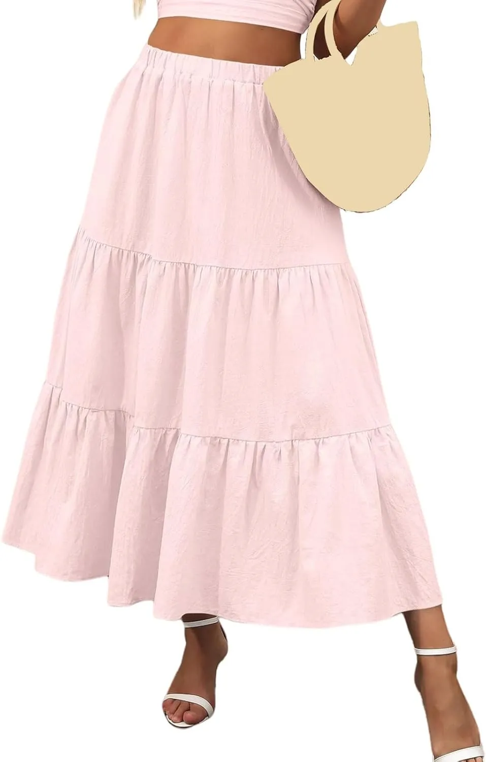 Summer Maxi Skirts for Women Fashion Boho Elastic High Waist Ruffle Hem Skirt Flowy Solid Color Skorts with Pockets