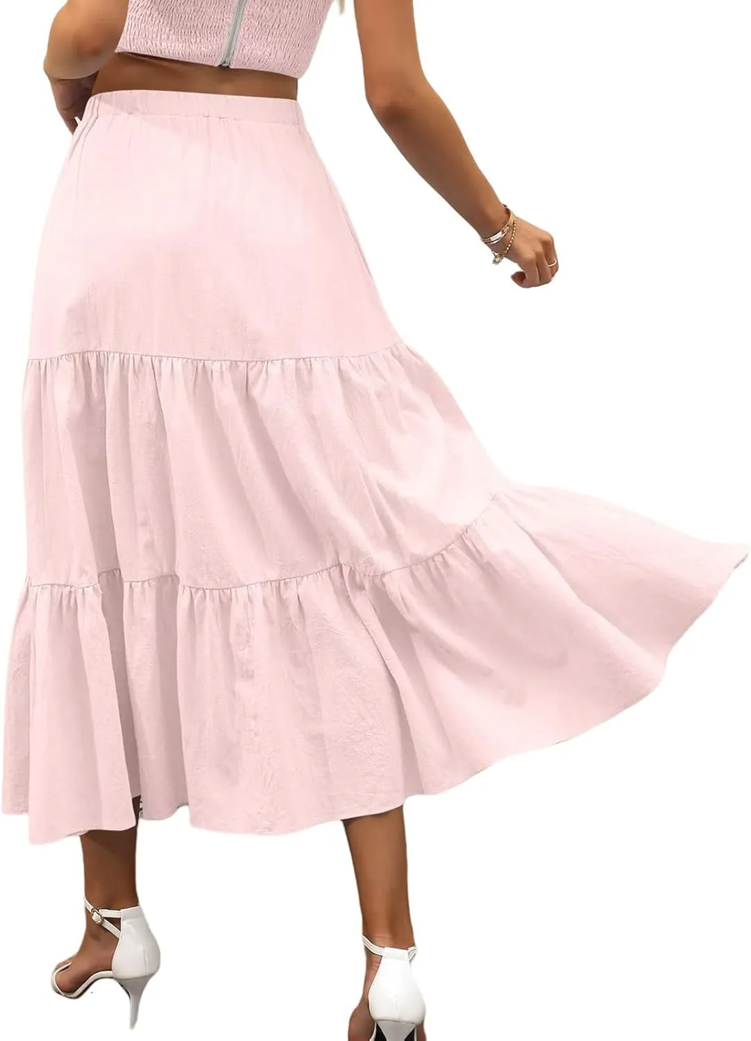 Summer Maxi Skirts for Women Fashion Boho Elastic High Waist Ruffle Hem Skirt Flowy Solid Color Skorts with Pockets