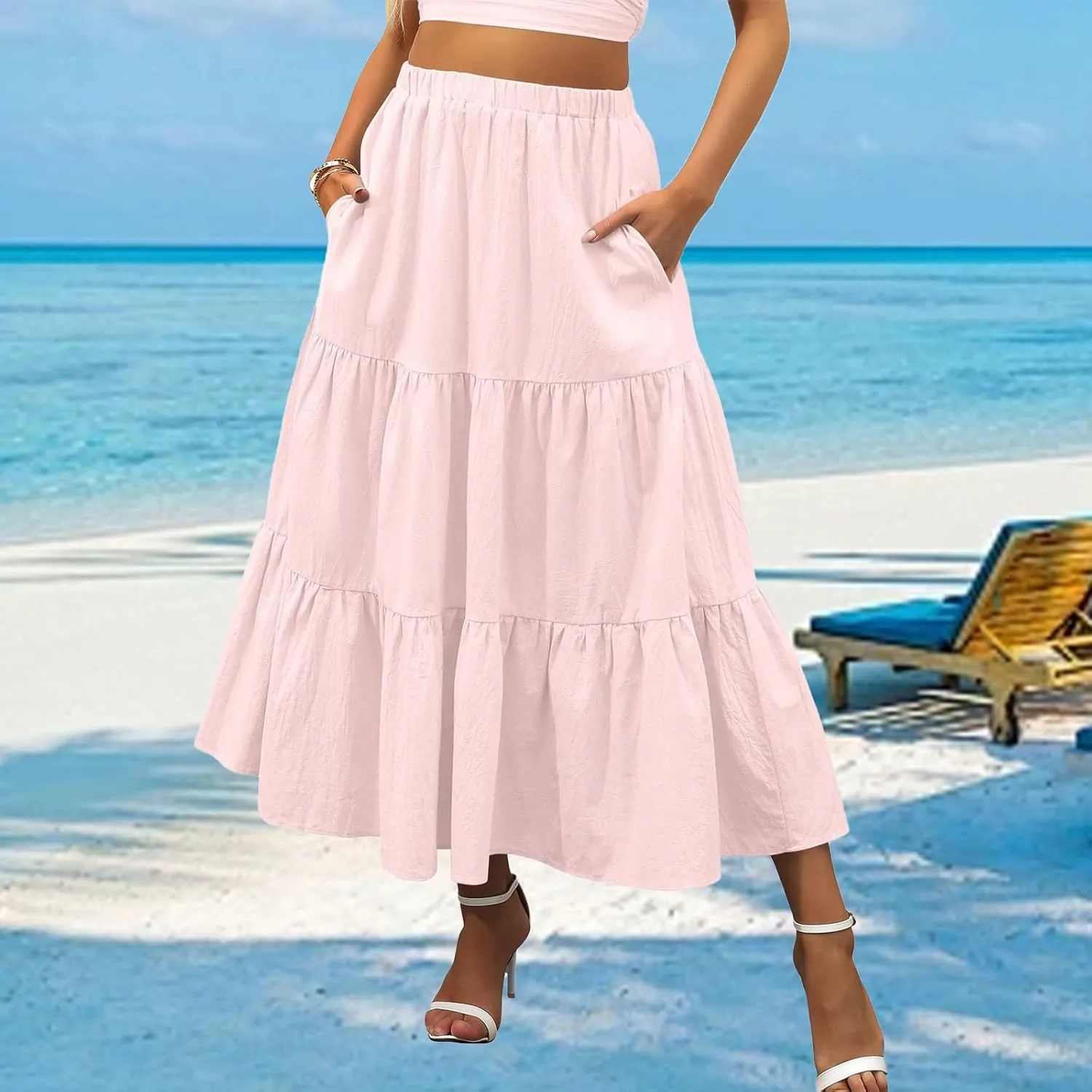 Summer Maxi Skirts for Women Fashion Boho Elastic High Waist Ruffle Hem Skirt Flowy Solid Color Skorts with Pockets