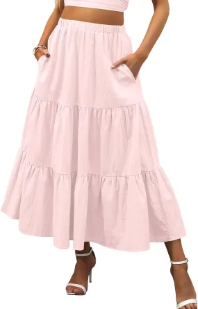 Summer Maxi Skirts for Women Fashion Boho Elastic High Waist Ruffle Hem Skirt Flowy Solid Color Skorts with Pockets