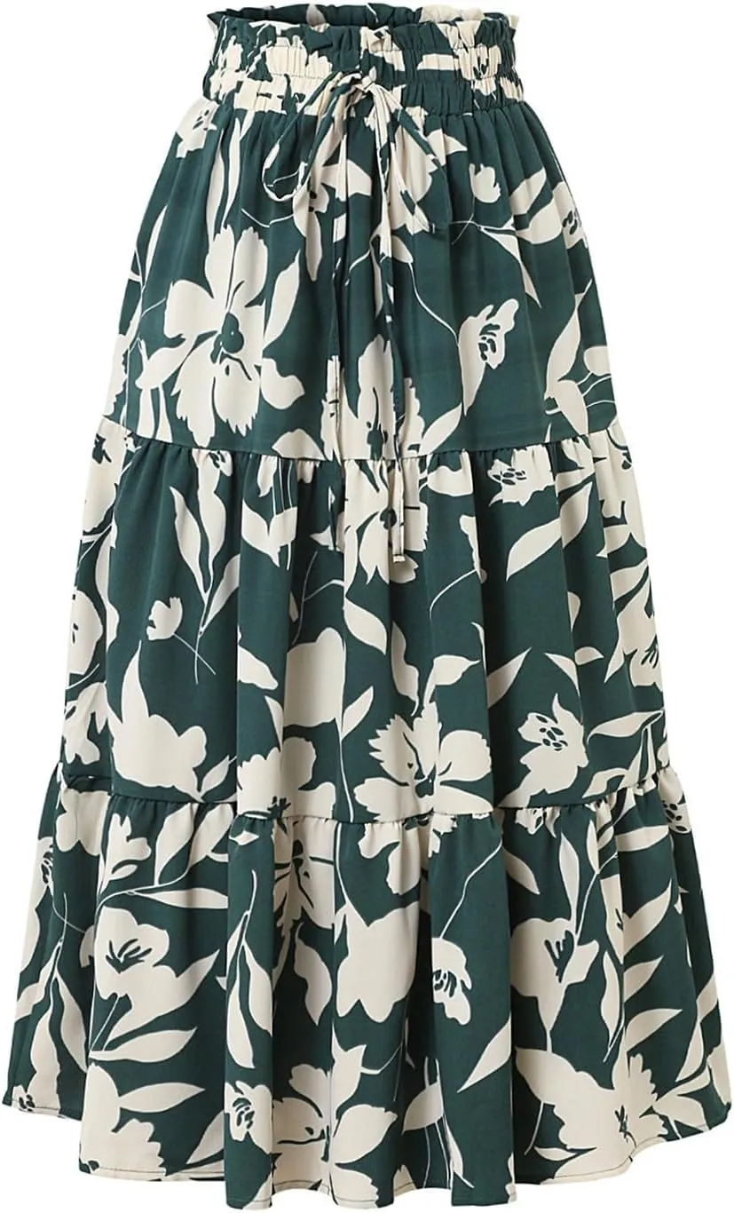 Summer Midi Skirts for Women Fashion Floral Print Elastic High Waist Ruffle Hem Skirt Casual Flowy Color Block Skirt