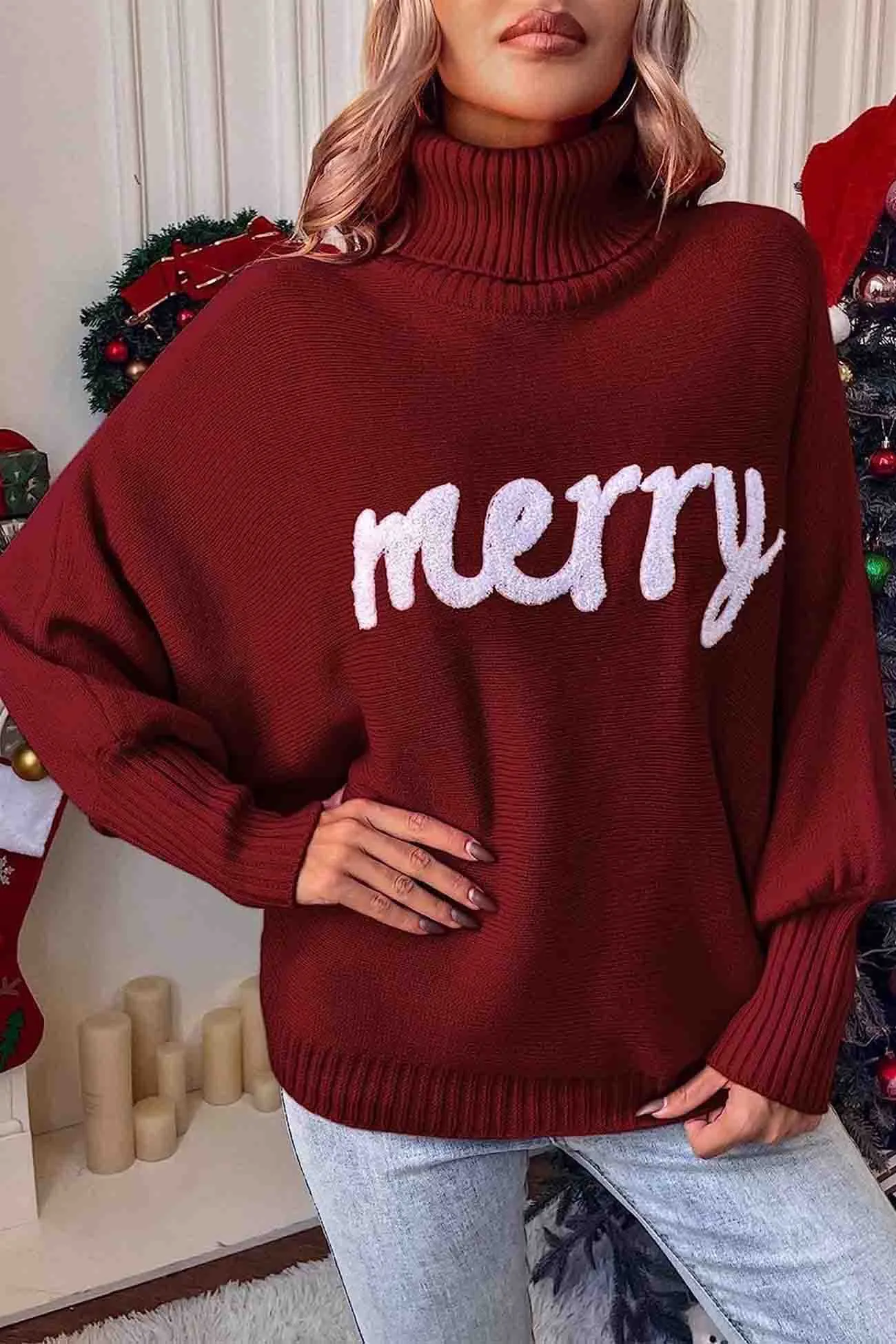 TastyHottie - Merry Printed Dolman Sleeve Turtleneck Knitted Sweater