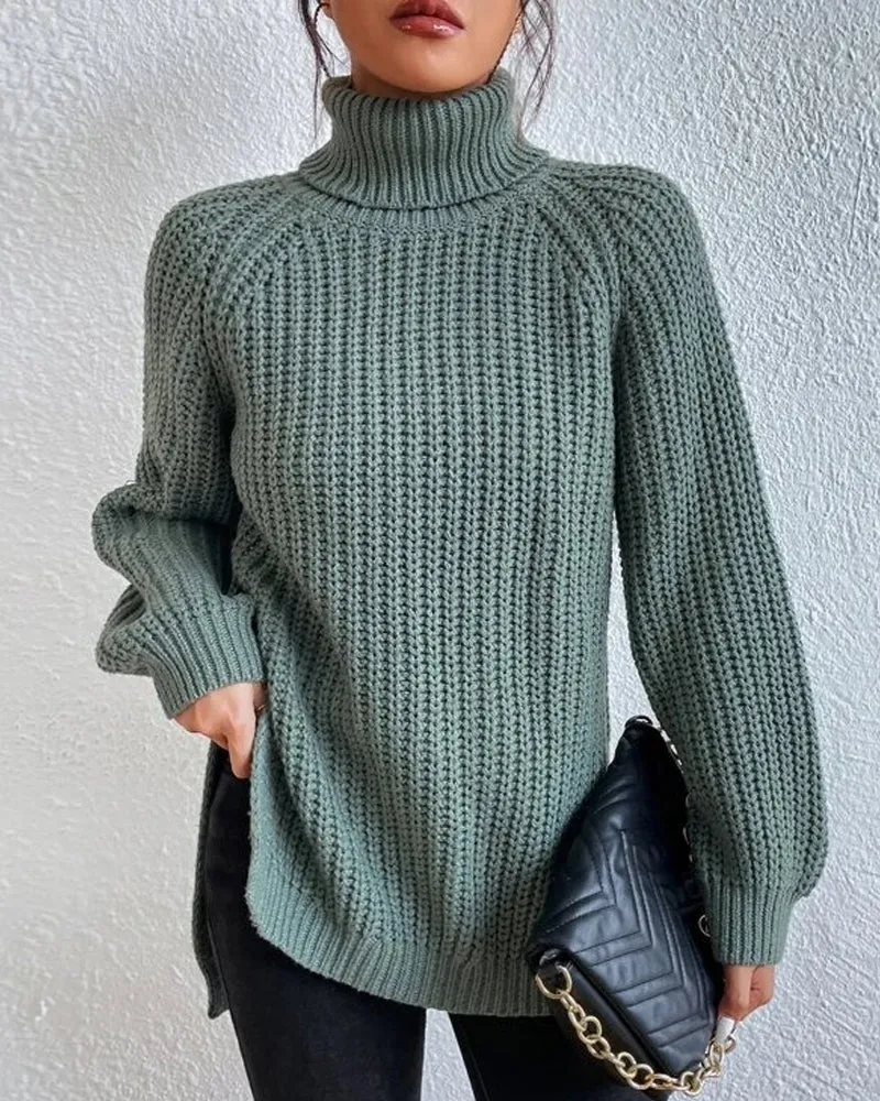 TastyHottie - Raglan sleeve turtleneck slit sweater