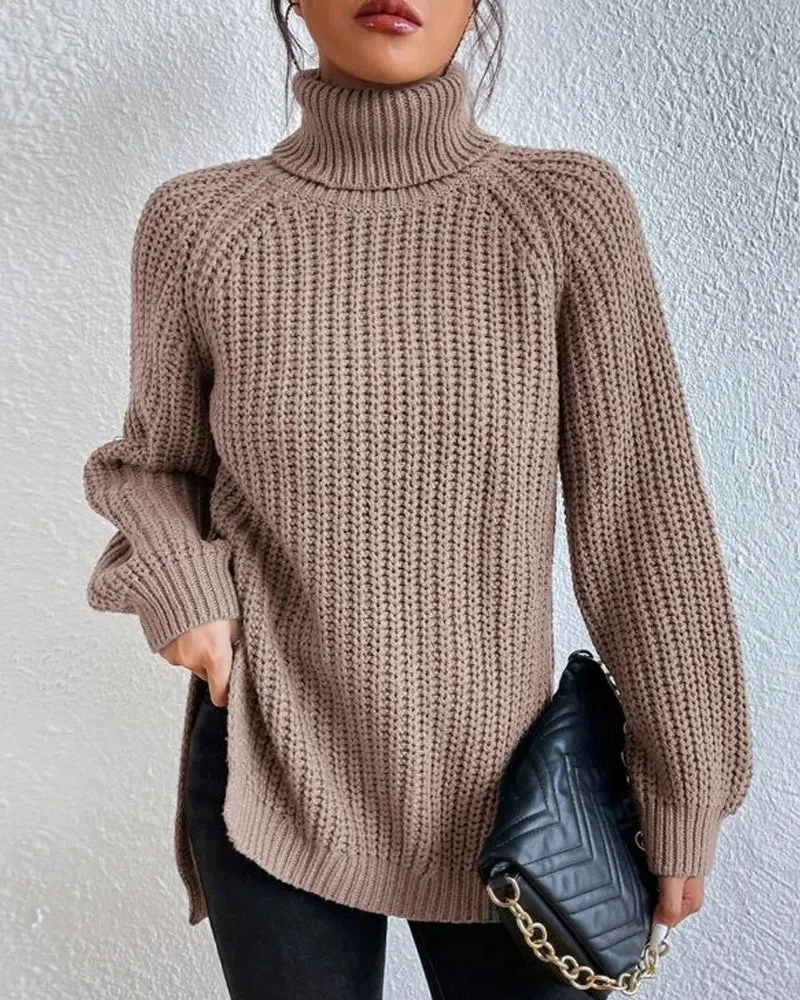 TastyHottie - Raglan sleeve turtleneck slit sweater