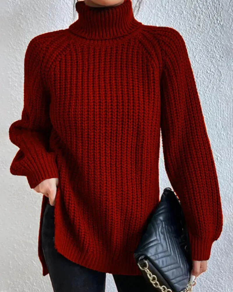 TastyHottie - Raglan sleeve turtleneck slit sweater