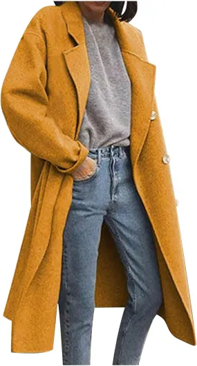 Trench Coats for Women Winter Wool Blend Camel Mid-Long Coat Double-Breasted Notch Lapel Collared Jackets Outwear