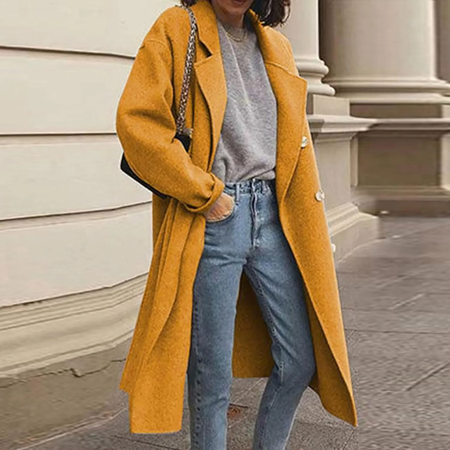 Trench Coats for Women Winter Wool Blend Camel Mid-Long Coat Double-Breasted Notch Lapel Collared Jackets Outwear