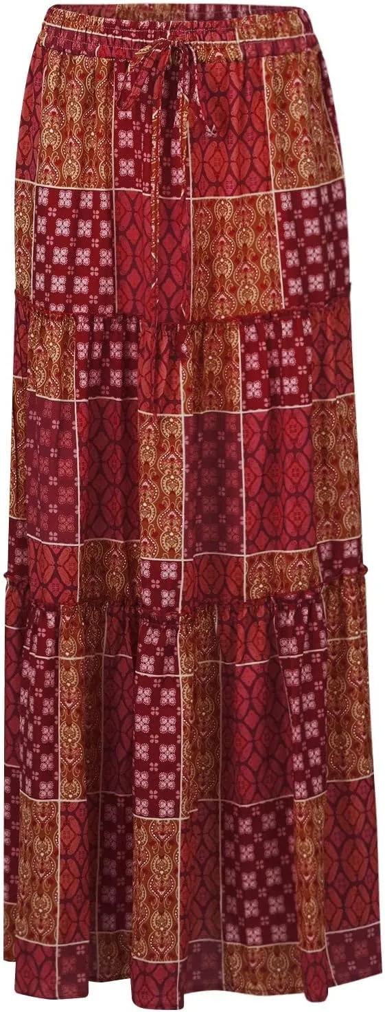 Women Boho Floral Print Maxi Skirt Summer High Waisted Tiered Long Skirts Flowy Ruffle Beach Vacation Maxi Skirts 2025