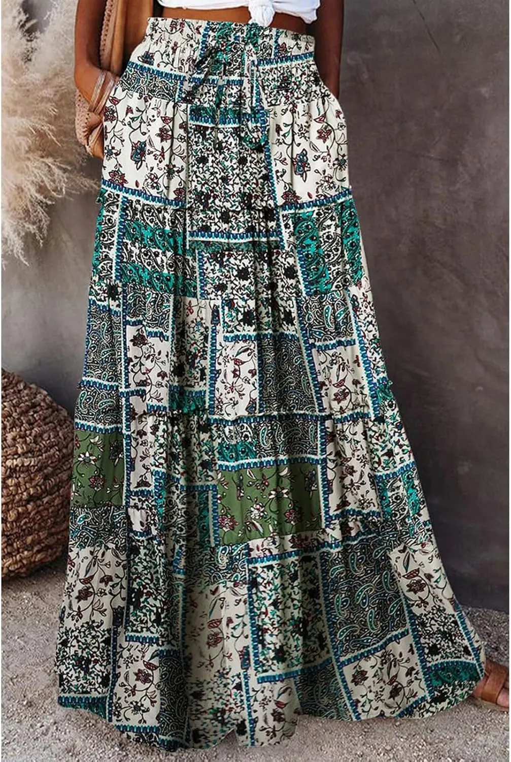 Women Boho Floral Print Maxi Skirt Summer High Waisted Tiered Long Skirts Flowy Ruffle Beach Vacation Maxi Skirts 2025