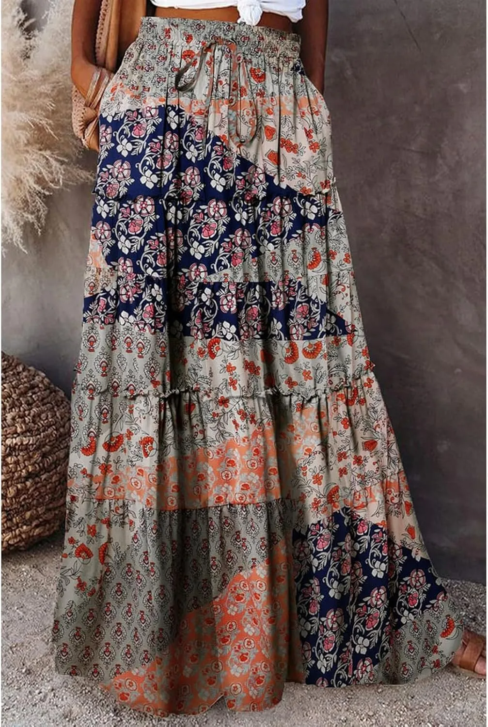 Women Boho Floral Print Maxi Skirt Summer High Waisted Tiered Long Skirts Flowy Ruffle Beach Vacation Maxi Skirts 2025