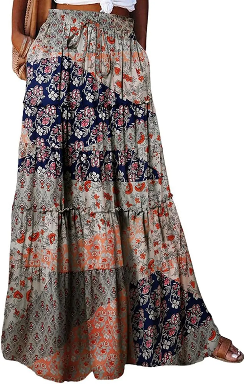 Women Boho Floral Print Maxi Skirt Summer High Waisted Tiered Long Skirts Flowy Ruffle Beach Vacation Maxi Skirts 2025