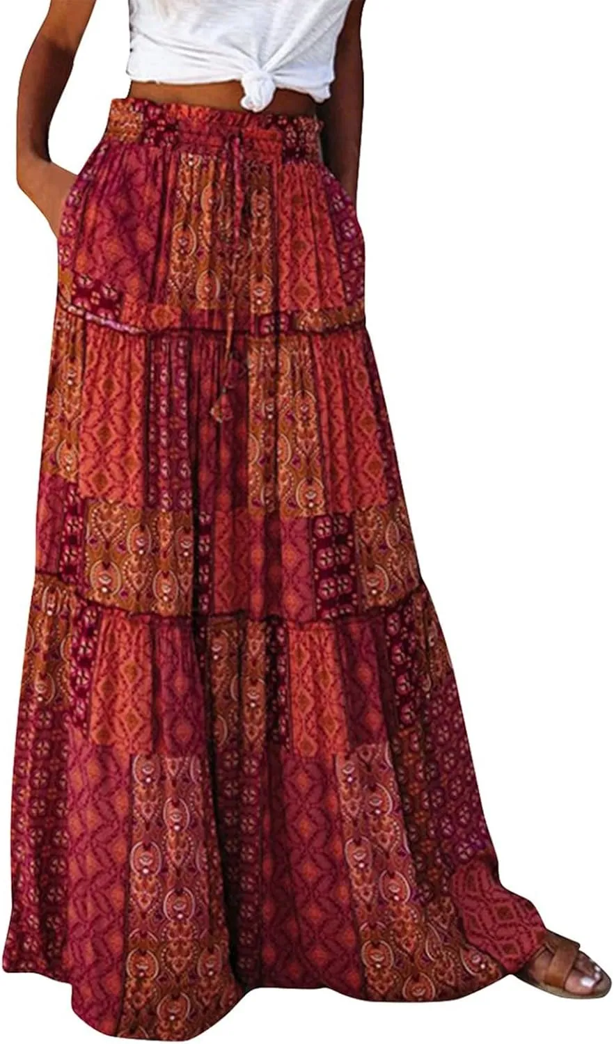 Women Boho Floral Print Maxi Skirt Summer High Waisted Tiered Long Skirts Flowy Ruffle Beach Vacation Maxi Skirts 2025