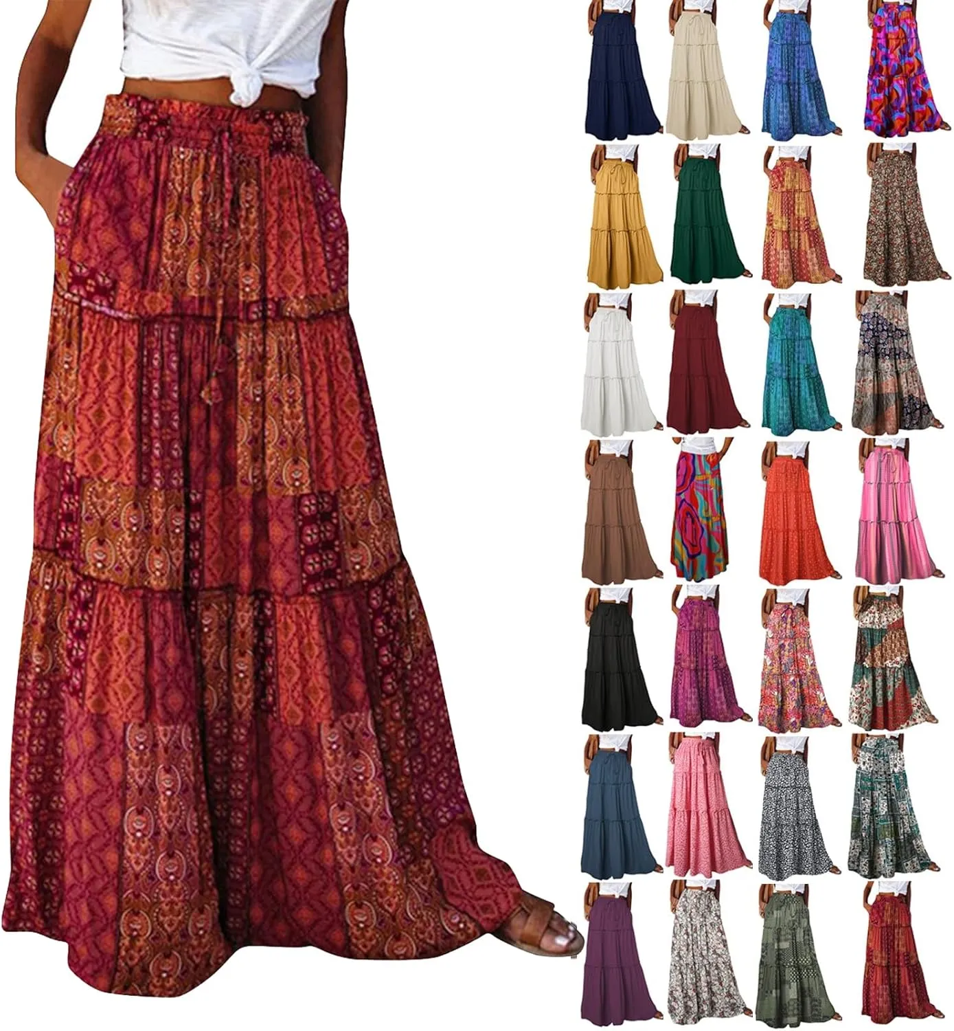 Women Boho Floral Print Maxi Skirt Summer High Waisted Tiered Long Skirts Flowy Ruffle Beach Vacation Maxi Skirts 2025