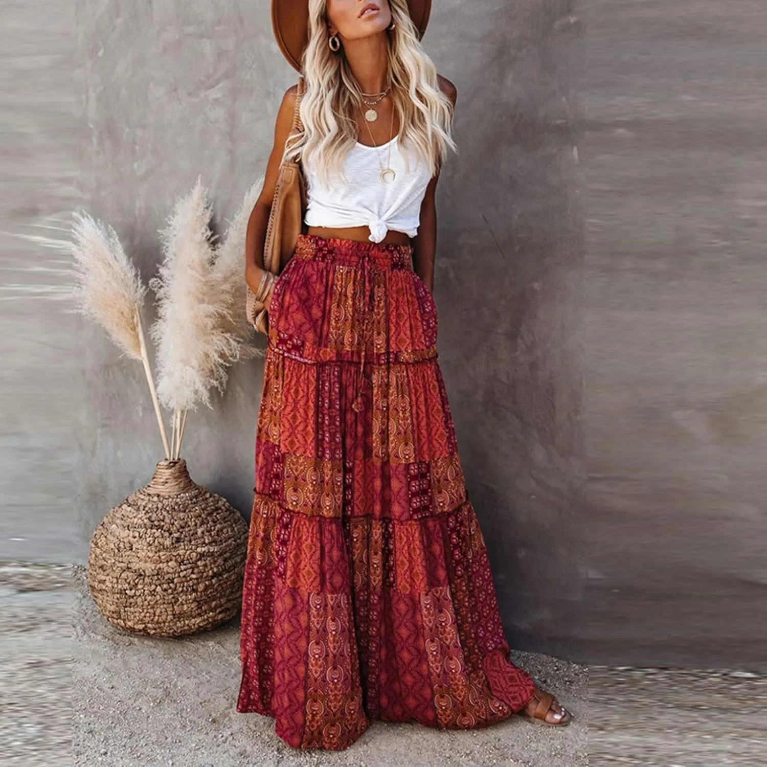 Women Boho Floral Print Maxi Skirt Summer High Waisted Tiered Long Skirts Flowy Ruffle Beach Vacation Maxi Skirts 2025