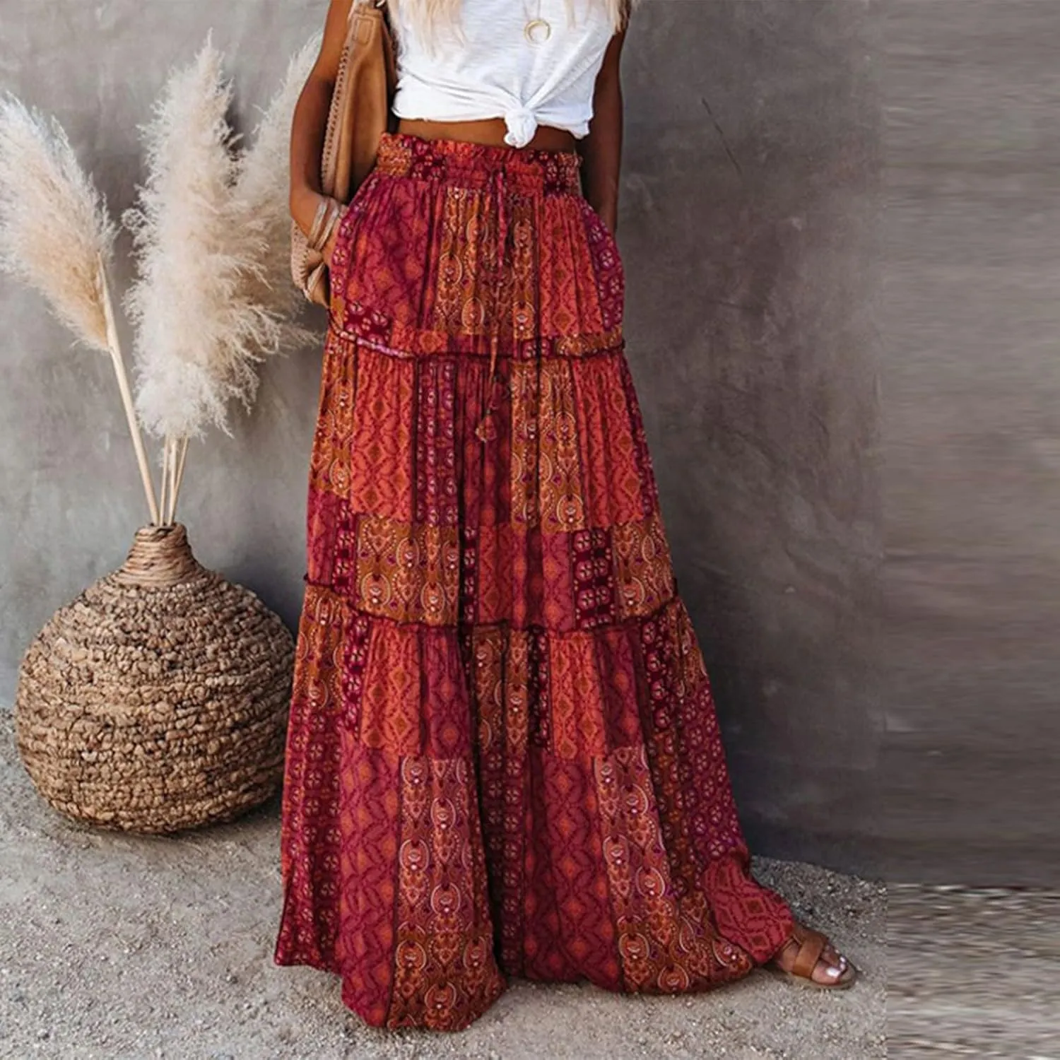 Women Boho Floral Print Maxi Skirt Summer High Waisted Tiered Long Skirts Flowy Ruffle Beach Vacation Maxi Skirts 2025