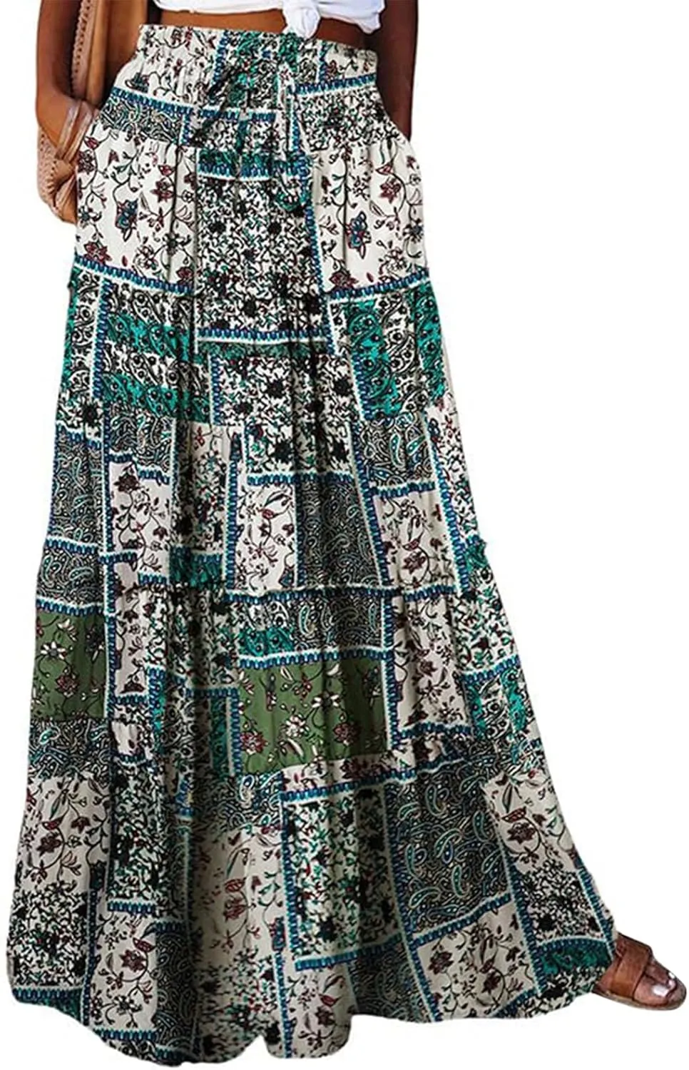Women Boho Floral Print Maxi Skirt Summer High Waisted Tiered Long Skirts Flowy Ruffle Beach Vacation Maxi Skirts 2025