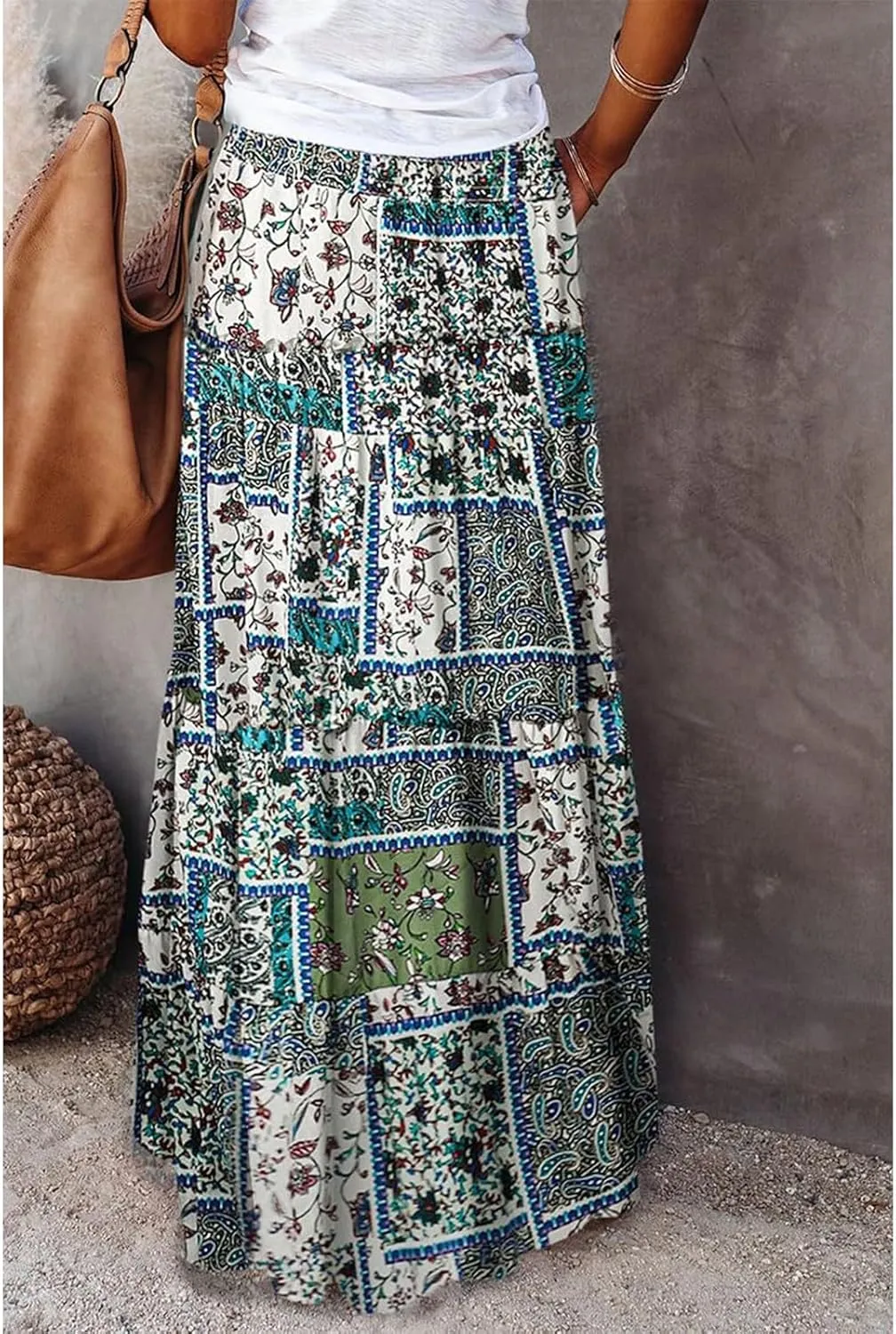 Women Boho Floral Print Maxi Skirt Summer High Waisted Tiered Long Skirts Flowy Ruffle Beach Vacation Maxi Skirts 2025