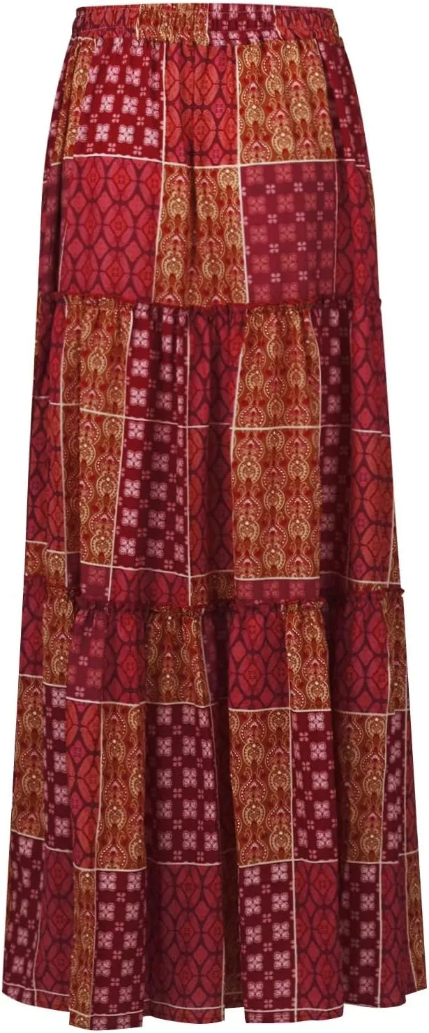Women Boho Floral Print Maxi Skirt Summer High Waisted Tiered Long Skirts Flowy Ruffle Beach Vacation Maxi Skirts 2025