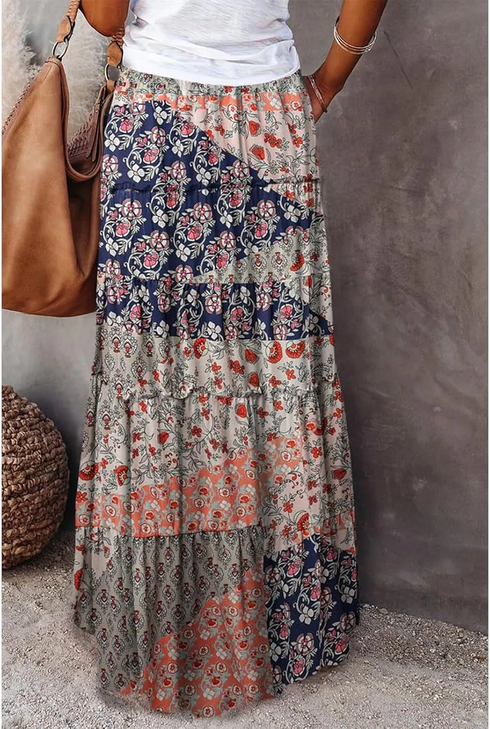 Women Boho Floral Print Maxi Skirt Summer High Waisted Tiered Long Skirts Flowy Ruffle Beach Vacation Maxi Skirts 2025