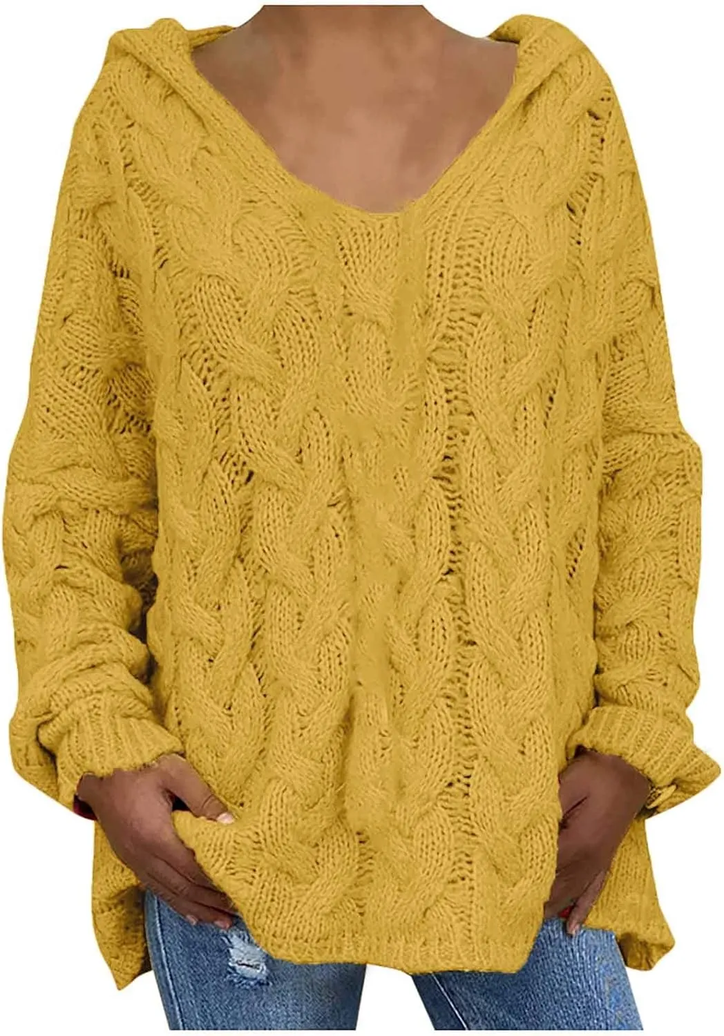 Women Hooded Sweater Cable Knit Pullover Sweaters Casual Plus Size Jumper Tops 2022 Chunky Warm Fall Outfits Y2k Modern
