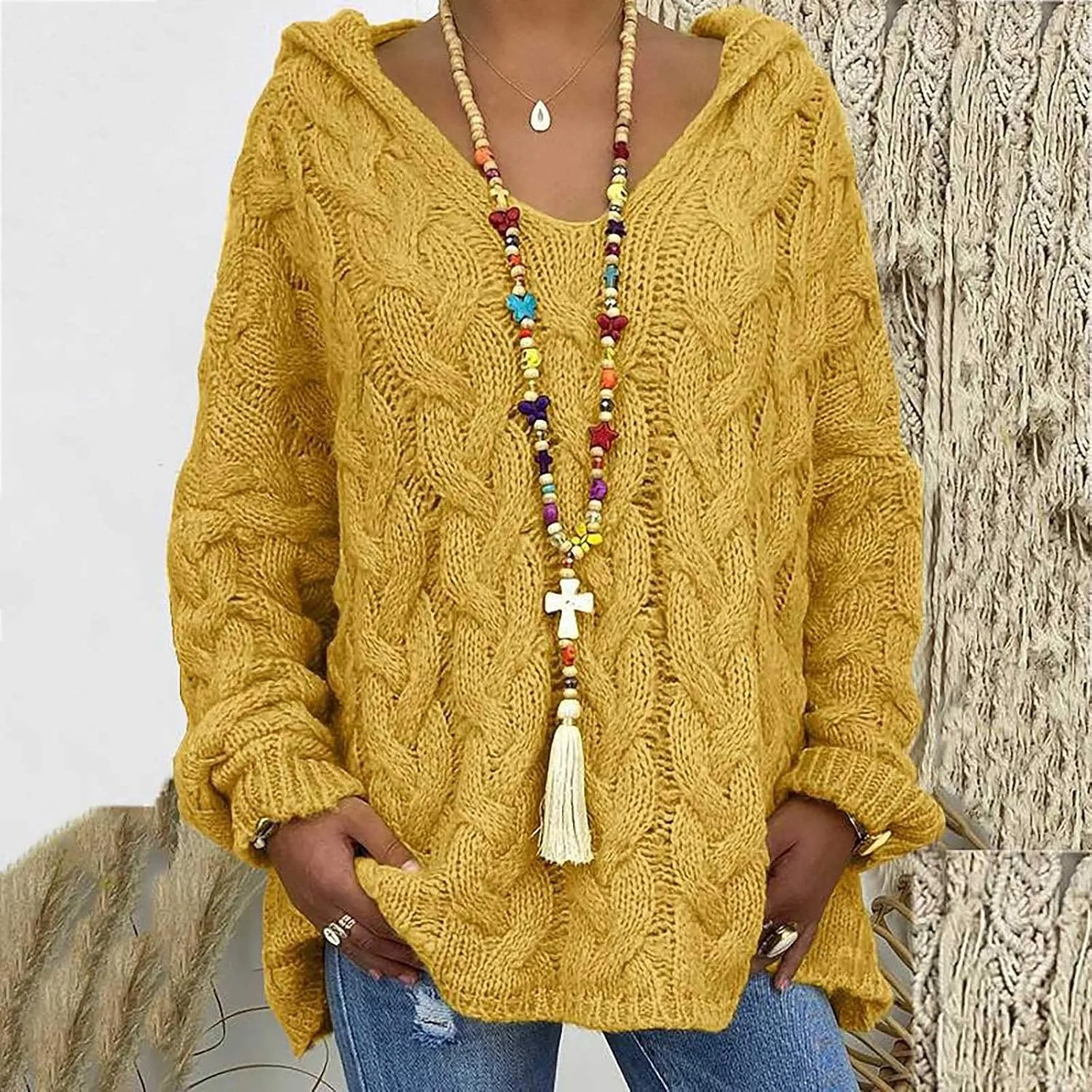 Women Hooded Sweater Cable Knit Pullover Sweaters Casual Plus Size Jumper Tops 2022 Chunky Warm Fall Outfits Y2k Modern