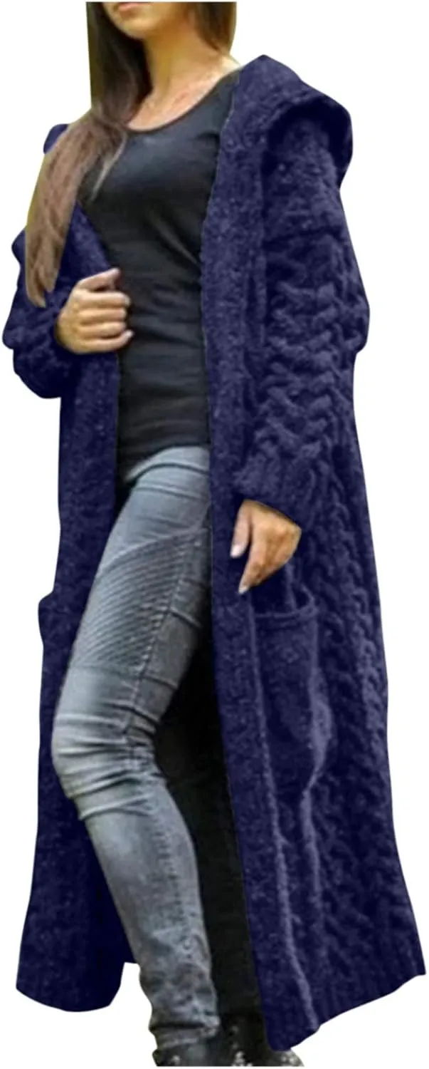 Women Open Front Cardigans 2024 Fall Trendy Plus Size Long Sleeve Coat Solid Cable Knit Hooded Jacket With Pockets