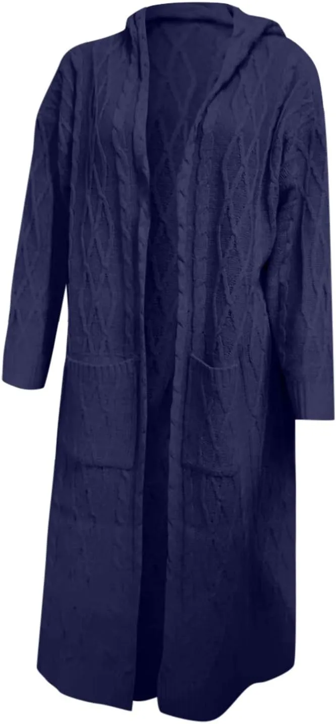 Women Open Front Cardigans 2024 Fall Trendy Plus Size Long Sleeve Coat Solid Cable Knit Hooded Jacket With Pockets