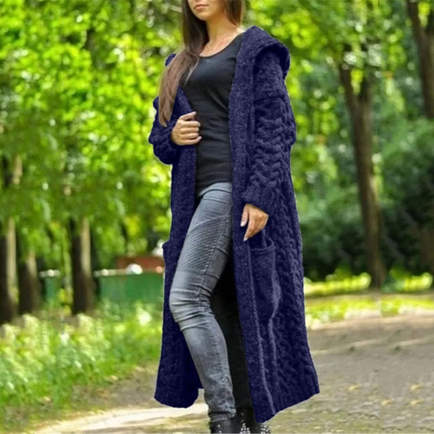 Women Open Front Cardigans 2024 Fall Trendy Plus Size Long Sleeve Coat Solid Cable Knit Hooded Jacket With Pockets