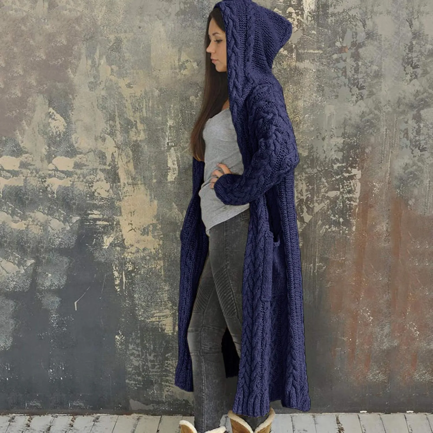 Women Open Front Cardigans 2024 Fall Trendy Plus Size Long Sleeve Coat Solid Cable Knit Hooded Jacket With Pockets