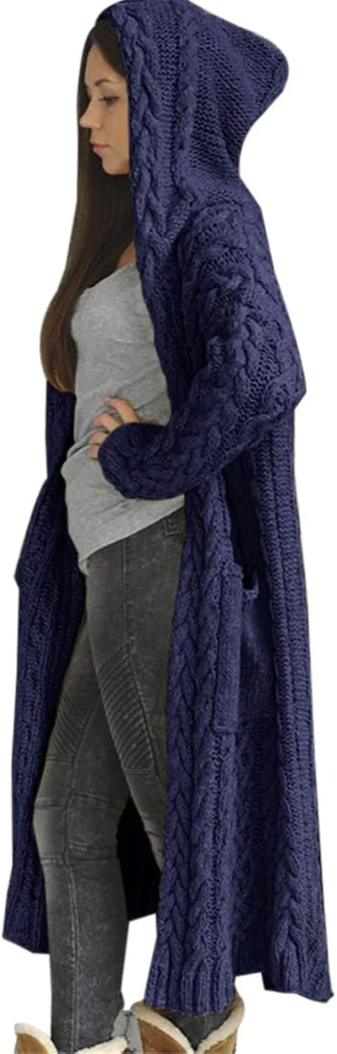 Women Open Front Cardigans 2024 Fall Trendy Plus Size Long Sleeve Coat Solid Cable Knit Hooded Jacket With Pockets